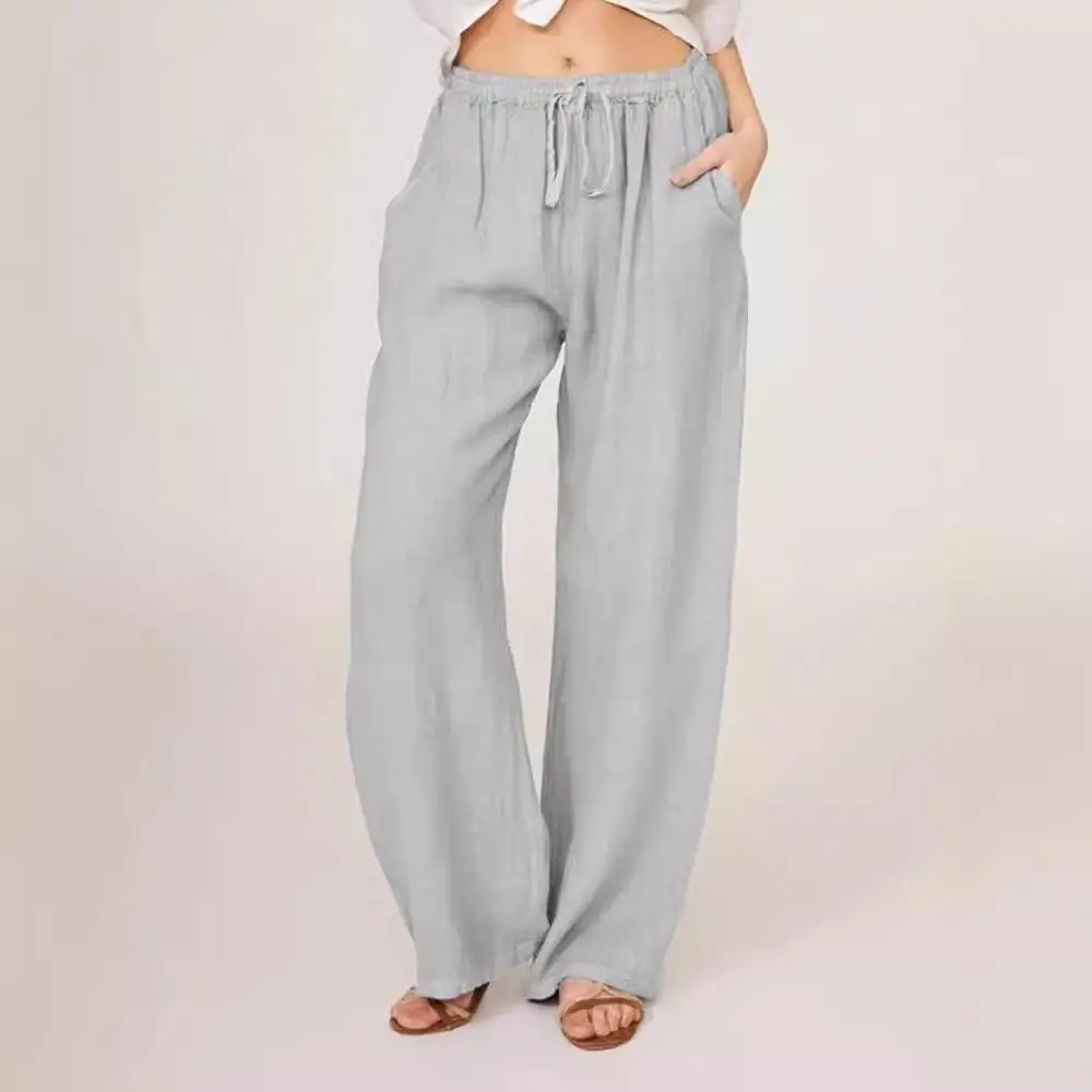 Casual Cotton Linen Yoga Pants High Waist Wide Leg Straight Cut Women's Loose Fit Long Trousers for Middle-Aged Women