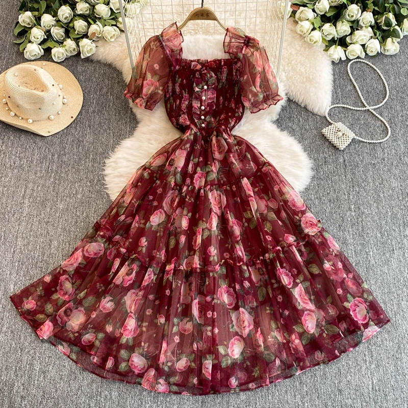 Robe florale à col carré français, nouveau Style rétro, robe d'été douce pour premier amour, robe de pause thé