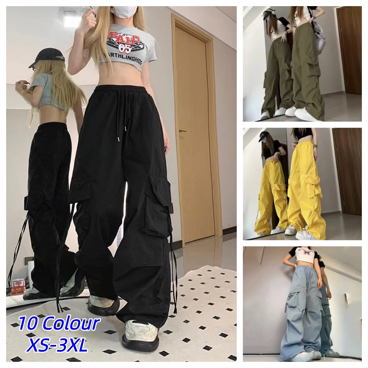 Y2K Amerikanische Retro-Arbeitshose für Damen, Vielseitige Gerade Fließende Hose mit Bündchen, Lange Weite Fallschirmjägerhose für den Sommer