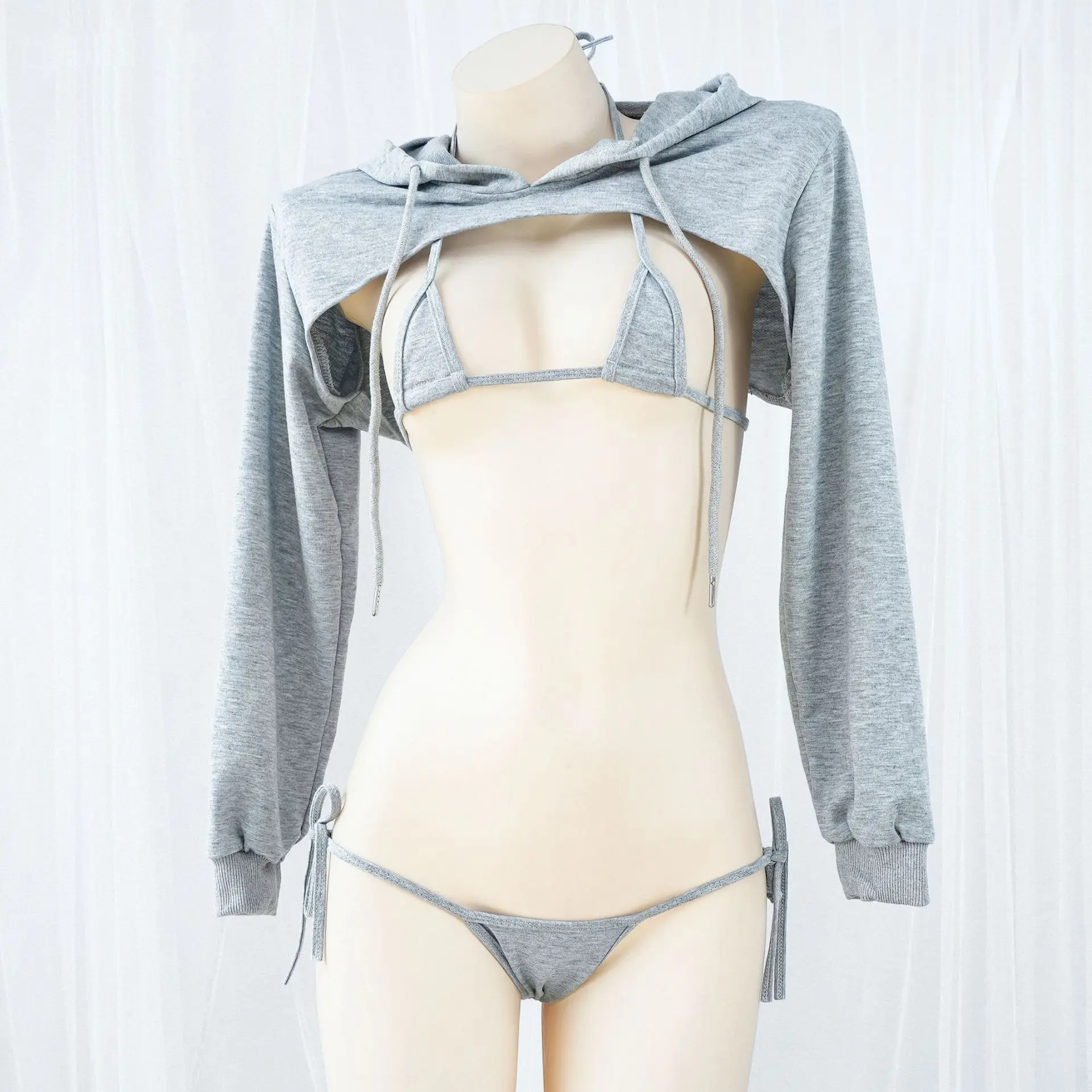 Amine Backless Hooded Long Sleeve Bikini Set Sexy Japanese Three Point Swimsuit Girls Mini Underwear Student Costume Cosplay