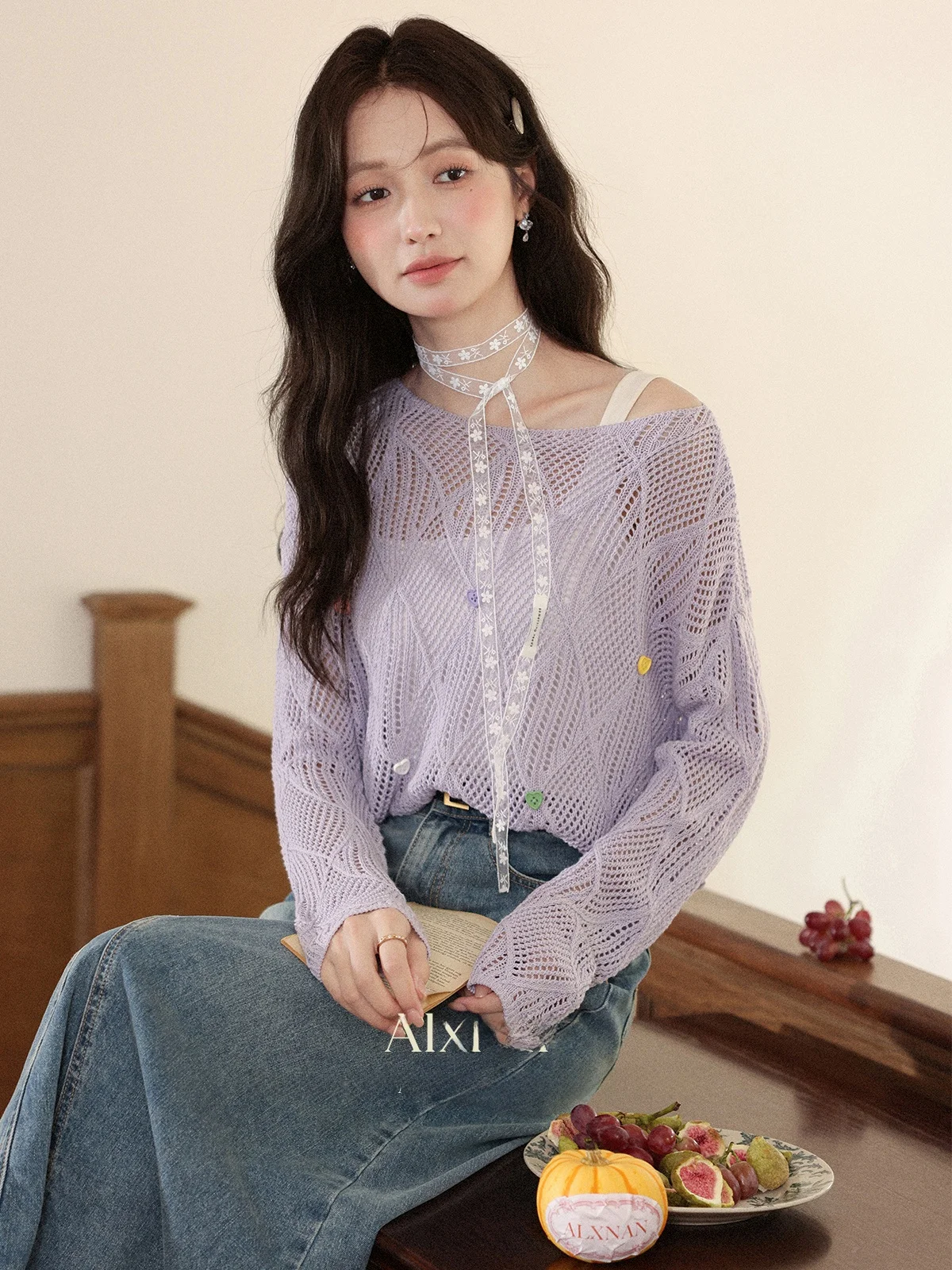 

Женский вязаный свитер South Deer Purple Slimming, удлиненный, с ажурными вставками, для повседневной носки, в корейском стиле, стандартный крой