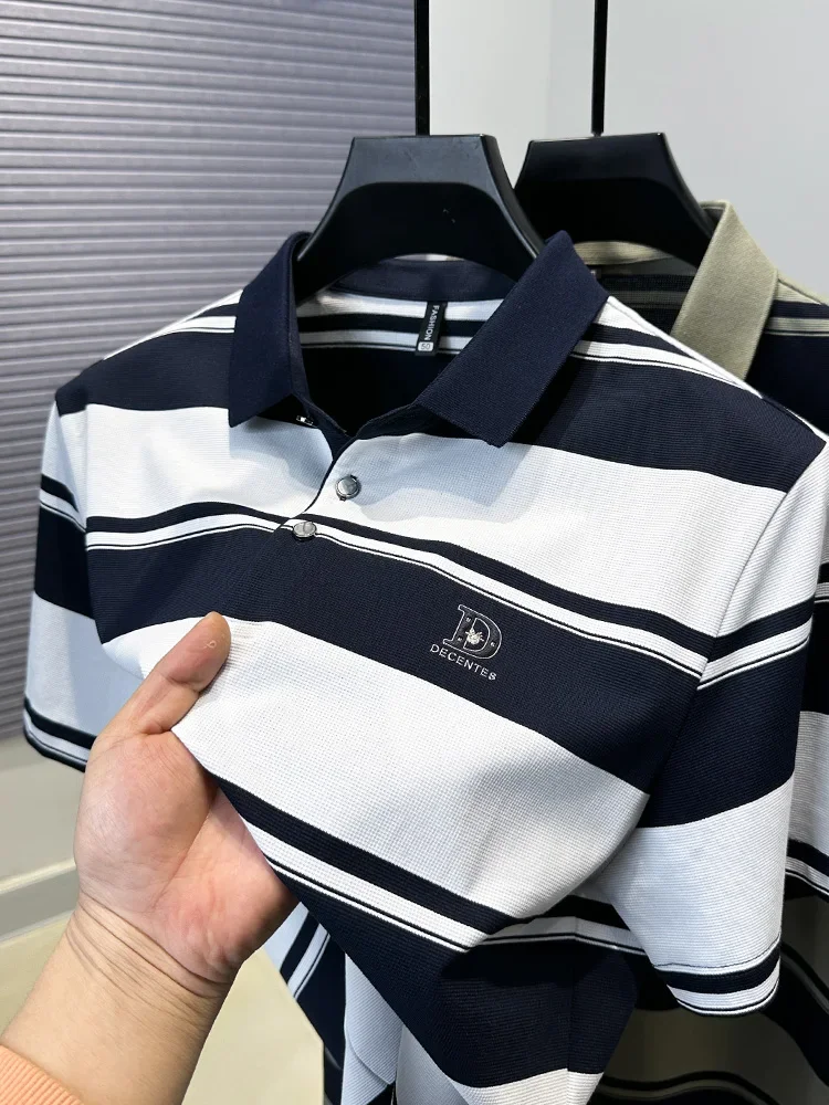

Pop High End Men's Summer Business Fashion Boutique Polo Shirt Casual Striped Embroidered Short Sleeved Simple New Versatile Top