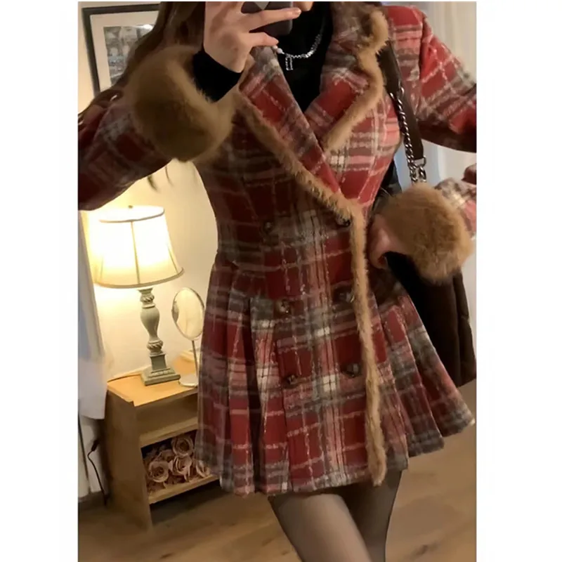 Women\'s Double Breasted Plaid Coat, Woolen Jacket , V-Neck, Loose Tops, Female Clothes, Sweet, New, Autumn, Winter