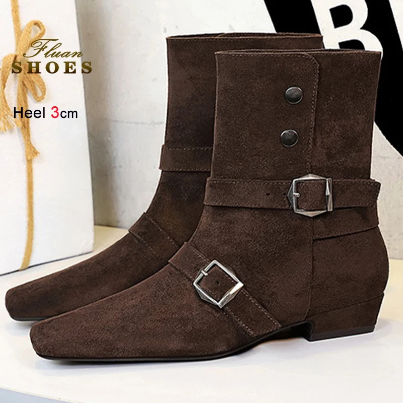 

Autumn Western Cowboy Boots Women Coarse Heel Leather Buckle Middle Boots Fashion Black 5cm High Heels Knight Boots Party Shoes