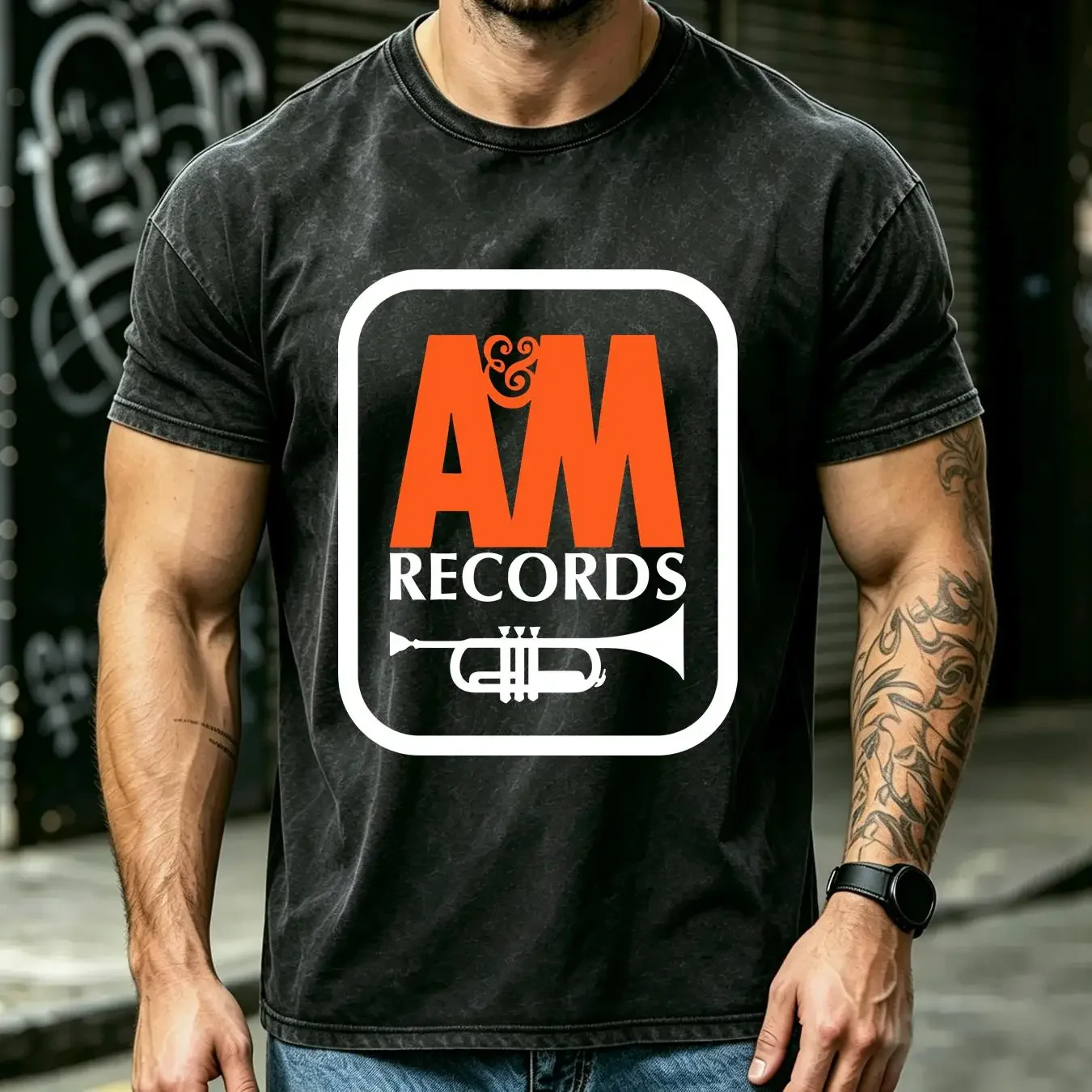 washed T Shirt A M Records Famous Label Company Logo Mens Size S to 5XL long or short sleeves vintage Washed homme
