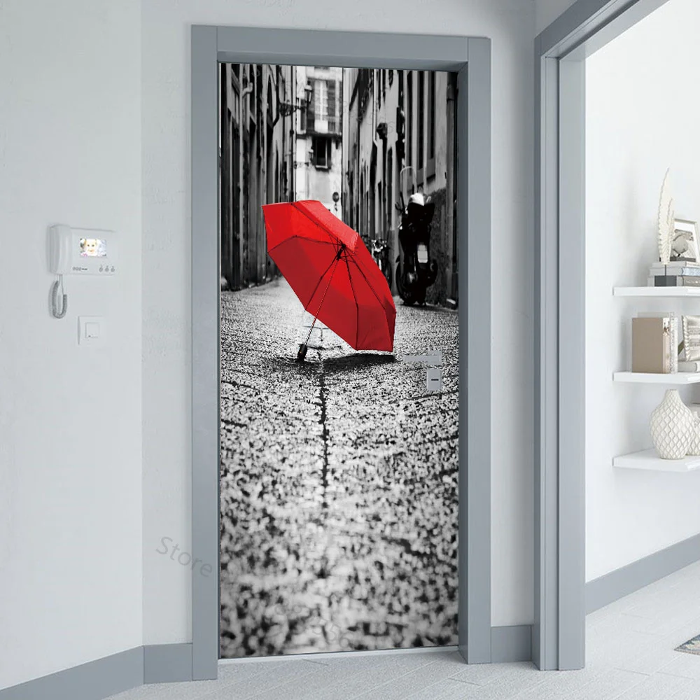 Red Umbrella Iron Tower Home Decor Wallpaper Door Bedroom Bus Car Gray Design Door Sticker Self Adhesive Removable Home Poster