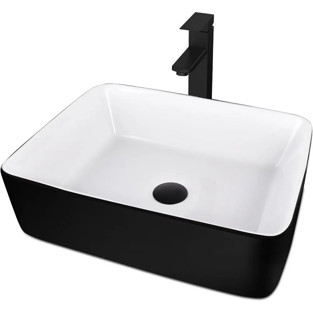 

19 x 15 Rectangular Black & White Ceramic Vessel Sink Set with Black Faucet and Pop-Up Drain