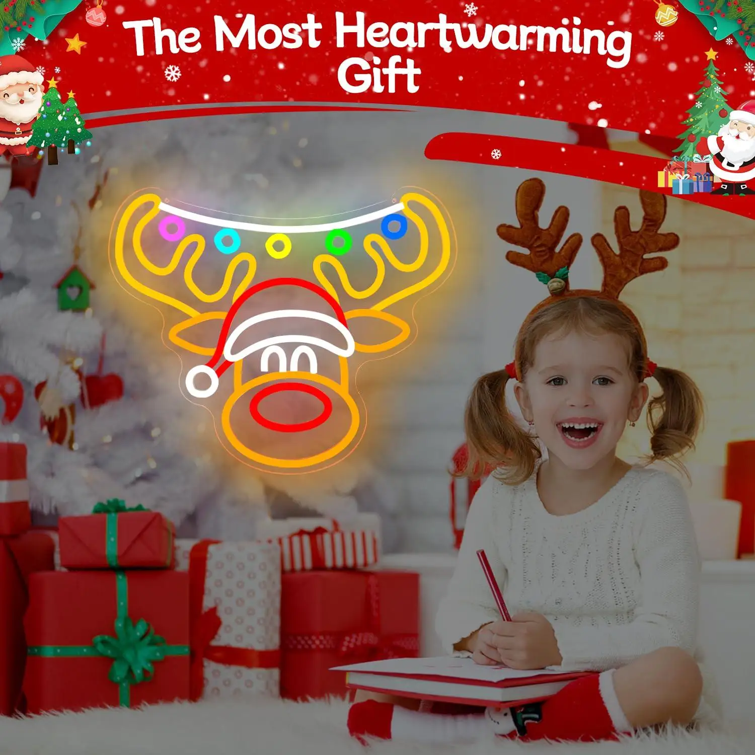 Christmas Reindeer Neon Sign USB Dimmable LED Neon Light for Christmas Holiday Party Home Window Decor Creative Christmas Gift