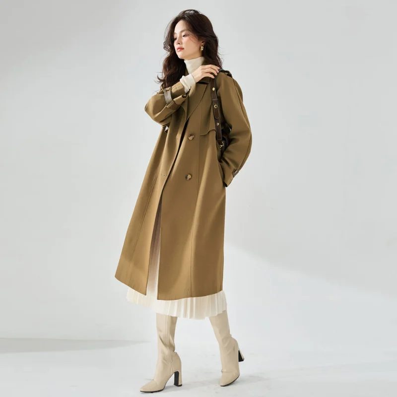 Autumn Khaki Trench Coats Women Belt Windbreaker Jackets Leather Epaulettes Elegant Mid-Length Top Loose Straight Lapel Clothing