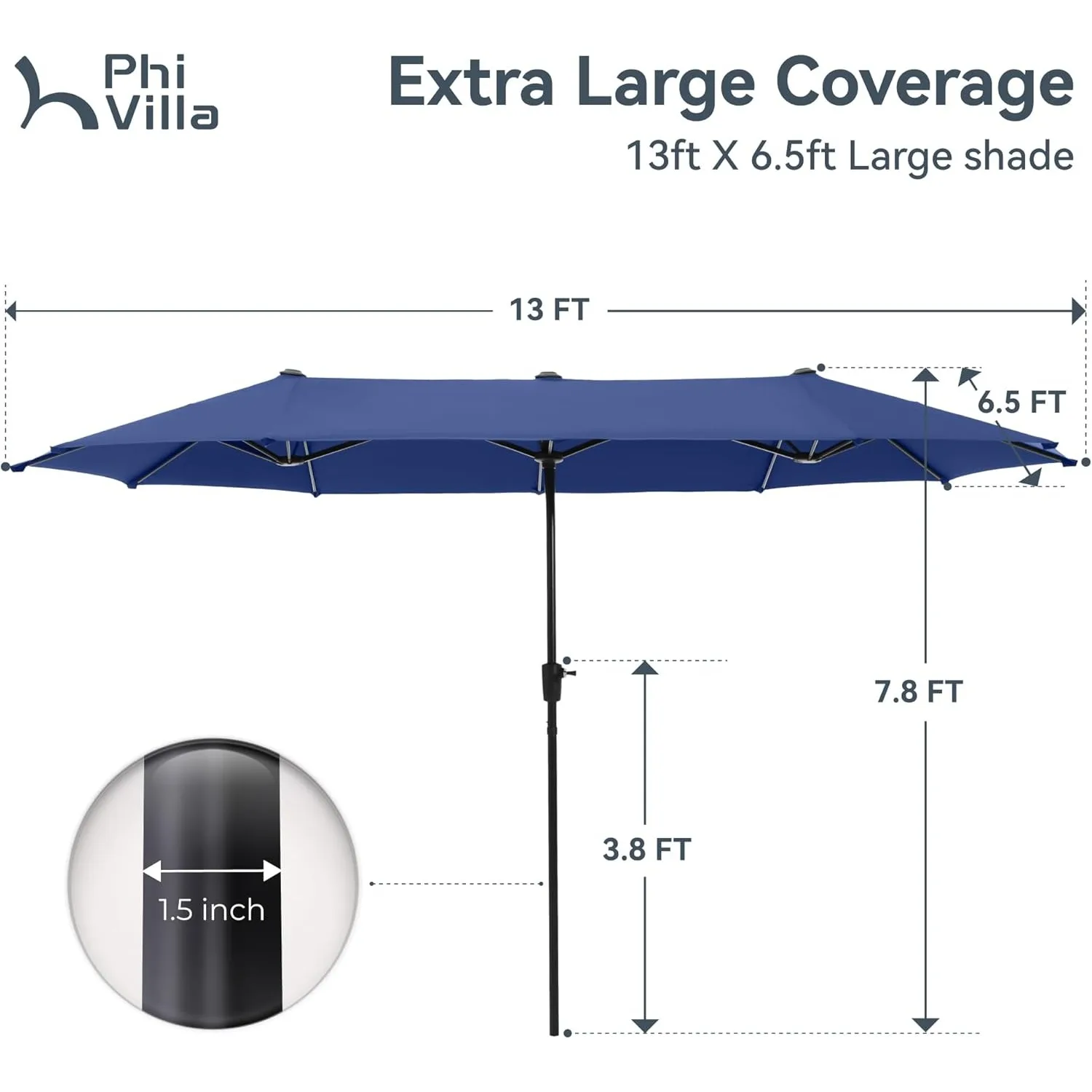 PHI VILLA 13ft Duże parasole tarasowe Dwustronny prostokątny parasol na zewnątrz Haze Blue