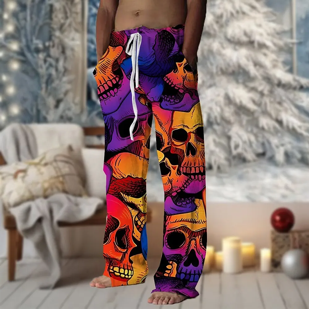Men's 3D Printed Colorful Skull Print Straight Leg Pants Loose Fit Casual Wide Leg Style Polyester Youth and Adults