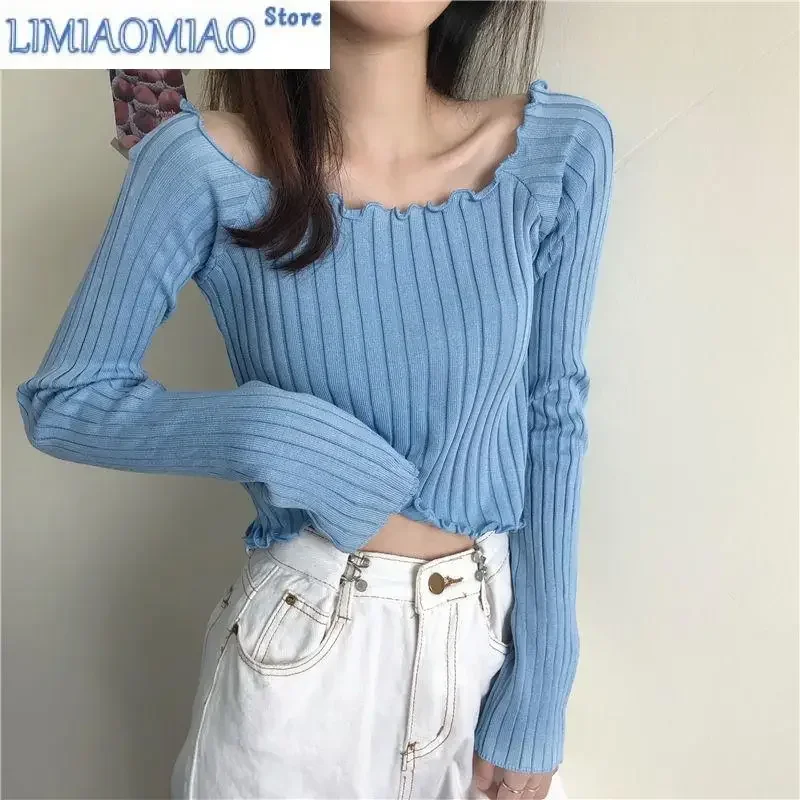 

Fashion Solid Color Exposed Umbilicus Knitting Top Women New Long Sleeve Square Collar Flower Edge Temperament Pullover Sweaters