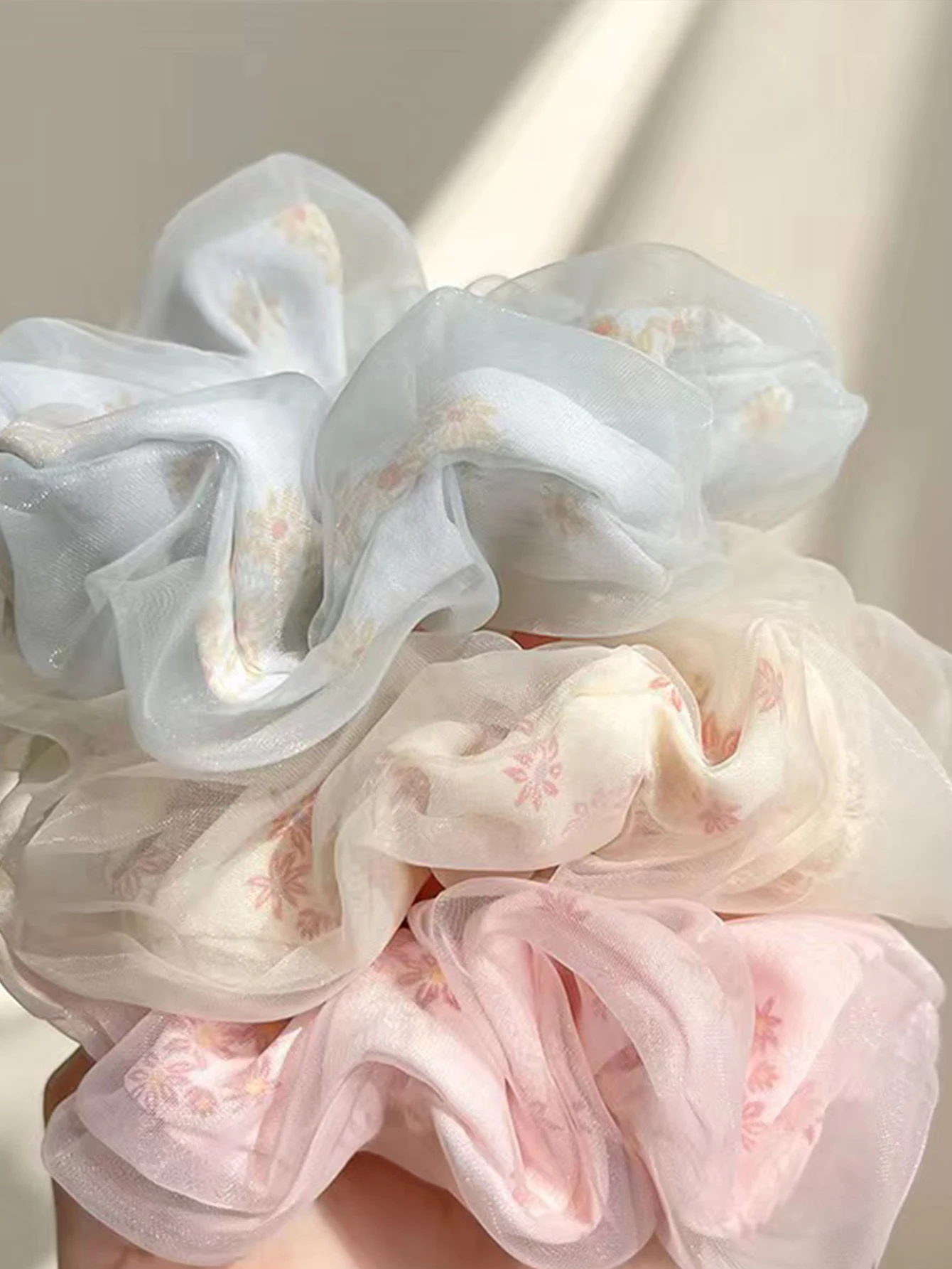 3-piece set of multi-color double-layer kudzu root gauze small floral hair rings for Women Girls Hair Accessories