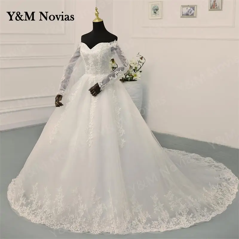 Y & M Novias Off spalla Plus Size Vestido De Noiva 2023 abito da sposa con manica bianco puro avorio pizzo Appliqes perle da sposa