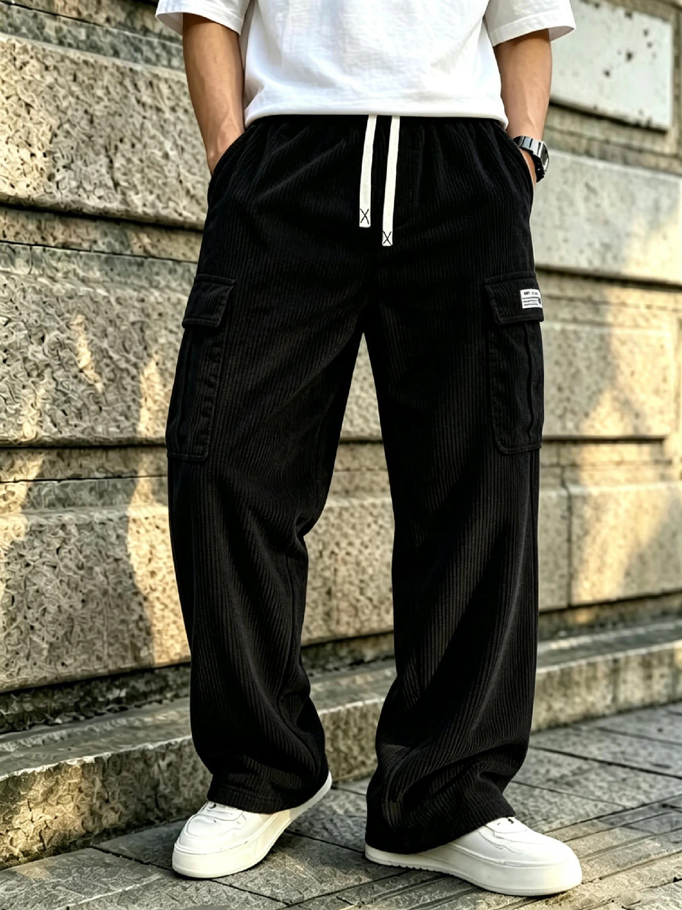 Men's Fall Winter Corduroy Wide Leg Cargo Pants, Vintage Casual Wardrobe Staple. Soft Breathable Vertical Textured Fabric, Easy
