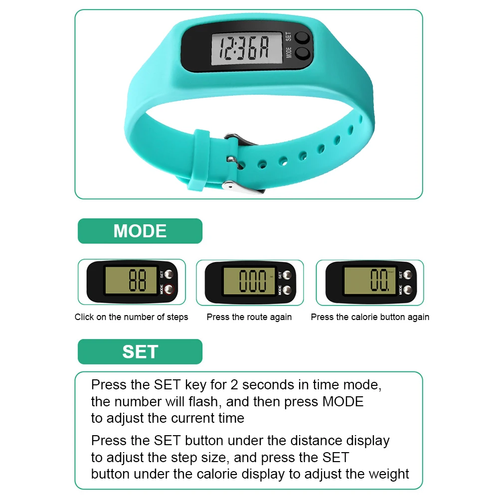 LED Pedometer Bracelet Wrist Calorie Counter 12/24H Time Display Step Counter Watch Silicone Step Tracker for Outdoor Sports