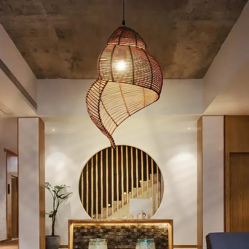 Handmade Creative Bamboo Pendant Lamp Sea Snail Shape Southeast Asia E27 Wicker Shades LED Lights for Study Pastoral Fixtures