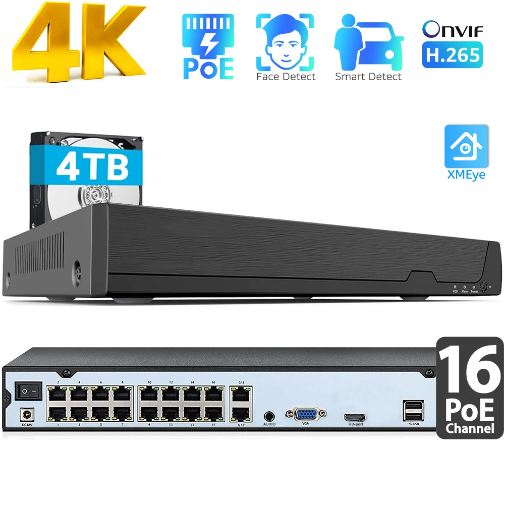 16-канальный 4K POE NVR (8MP/6MP/5MP/4MP/3MP/1080P) сетевой видеорегистратор POE, 16-канальный (16-портовый PoE) NVR, до 16x 4K IP-камер с жестким диском SATA HDD, видеорегистратор H.265 Onvif CCTV XMEye