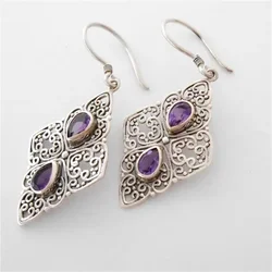 Vintage Silver Color Water Droplets Purple Stone Earrings Personality Metal Carving Pattern Geometry Hollow Dangle Earrings
