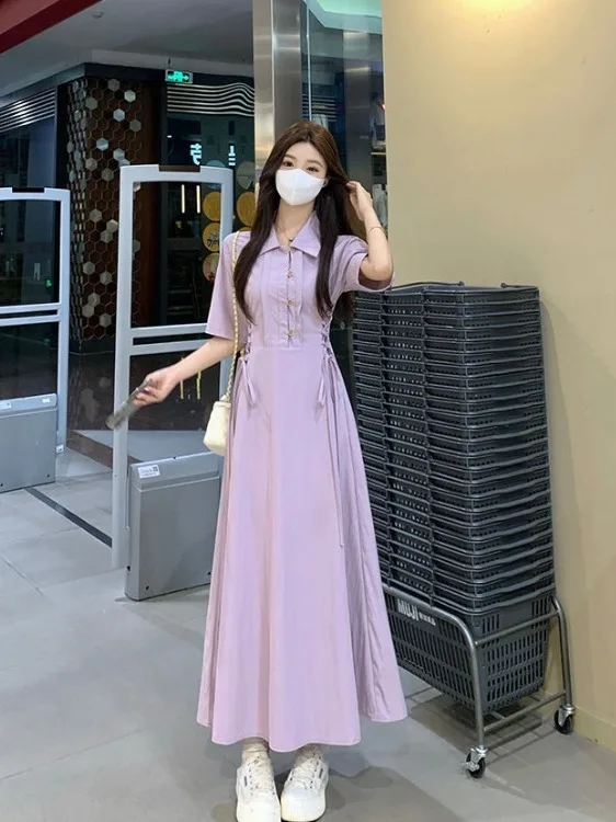 

plus Size Women's Purple Collar Belted A-Line Dr Summer New Sle Waist-Cinching ort Sve High Waist Long Dr