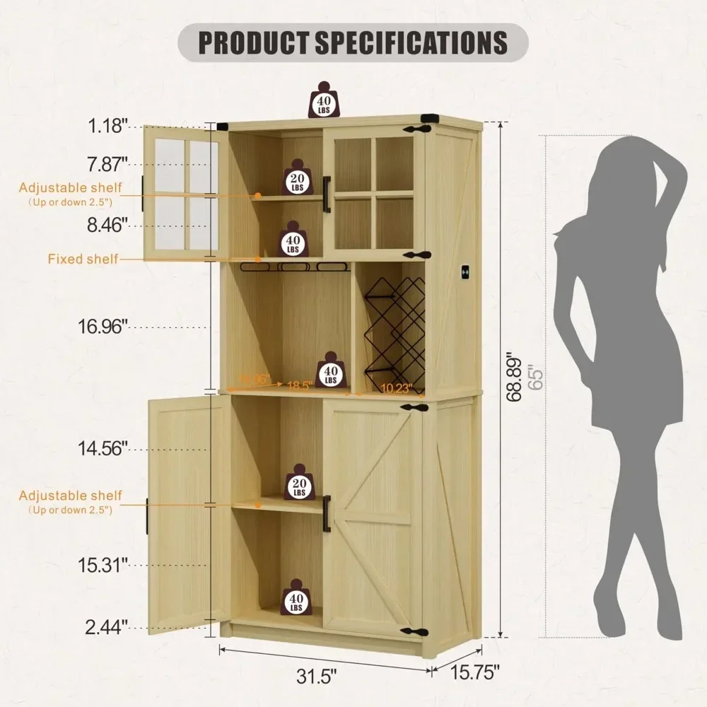 Armoire de bar de ferme avec lumière LED, 68 grands français en effet, armoires avec porte-vin et verre, armoire de bar