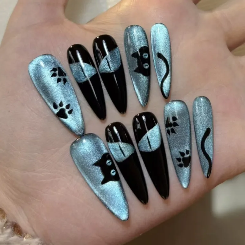 30 Stück Aufklebenägel in Blau-Schwarz mit Katzenaugen-Design, Krallen und Schwänzen – Niedliche, kleine, hundemotivierte Nischen-Kunstnägel, perfekt für Frauen