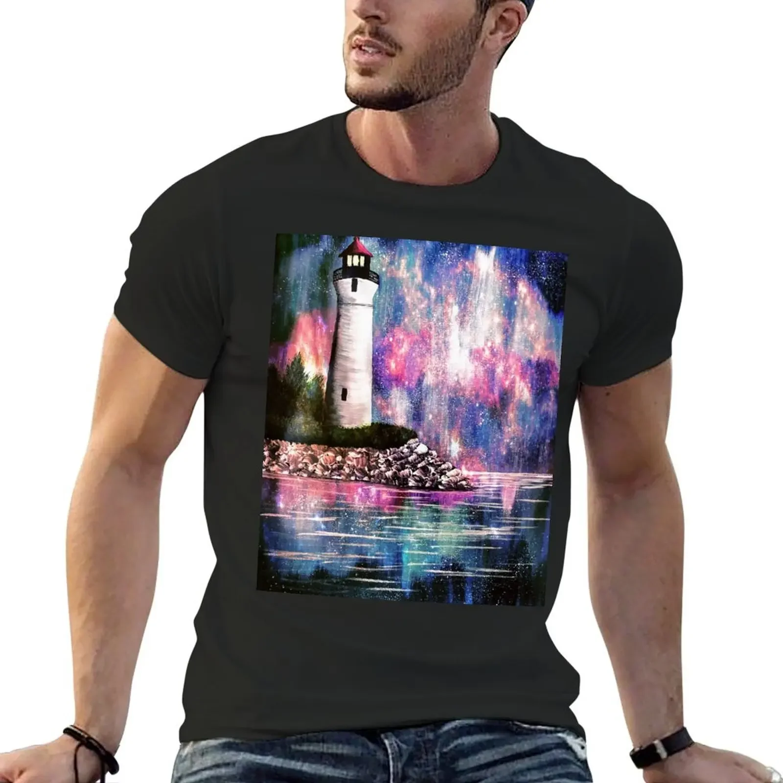 Crisp Point Lighthouse with Galaxy Aurora T-Shirt customs animal prinfor boys customs design your own t shirts for men graphic