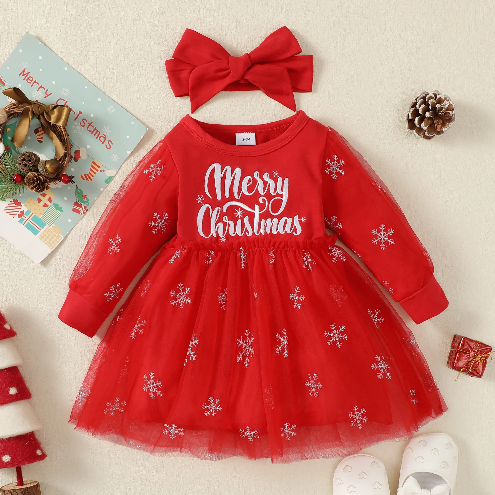 Baby Girl Christmas Dress Long sleeved Snowflake Tulle Fashionable Dress fit 0-24 Months Cute Baby Girl Spring  Autumn Clothing