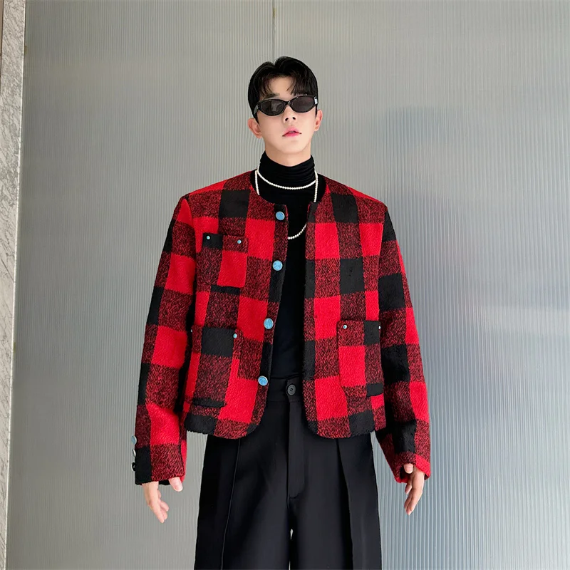 Korean Style New Trend Men's Collarless Jackets Outerwear Fashion Personality Red Plaid Casual Short Coat 2024 Winter