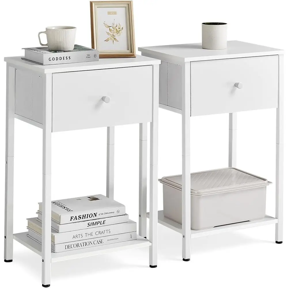 

Pair of White Fabric-Upholstered 24-Inch Tall Side Tables with Storage Shelves for Bedroom mesas de noche bedside table black