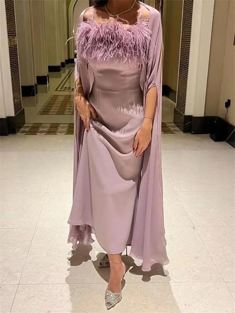 Customized Lilac Chiffon Mermaid Formal Evening Dresses with Jacket Strapless Feathers Saudi Arabic Women Long Party Prom Dress