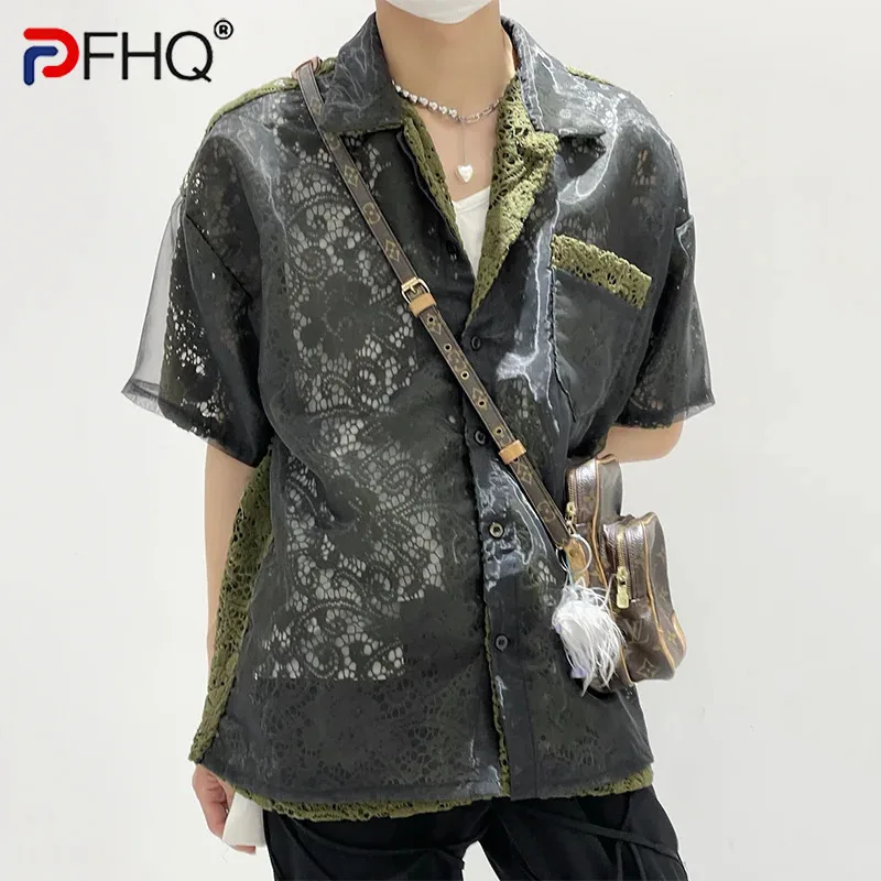 PFHQ Niche Design Men's Shirts Fake Two-piece Turn-down Collar Hollow Out Single Breasted Short Sleeve Male Clothing 21Z9083