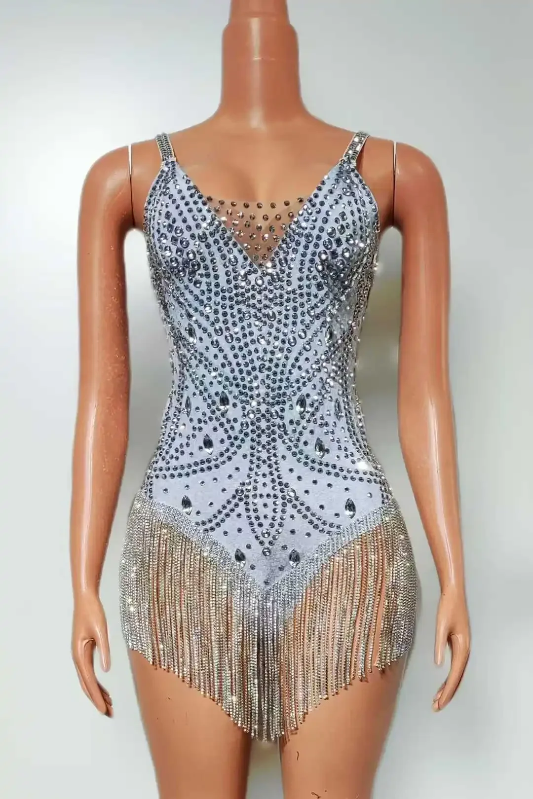 Sparkly Rhinestone Fringe Bodysuits For Women Sleeveless Backless Sexy Nightclub Birthday Performance Drag Queen Outfit