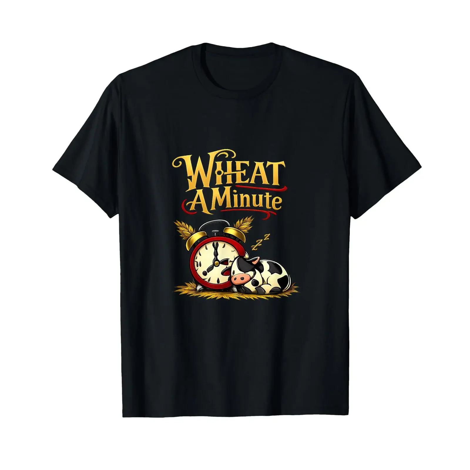 Wheat A Minute Country Farm Pun Alarm Clock Cow T Shirt vintage Washed fashion Stretched Top For Everyday Wear Casual Soft