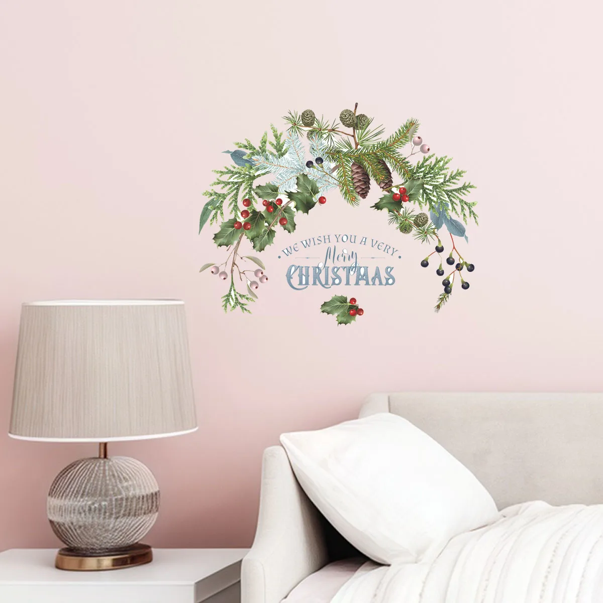 Boho Christmas Wall Decals, Watercolor Pine & Holly Wreath with Holiday Greeting Peel and Stick Stickers for Bedroom