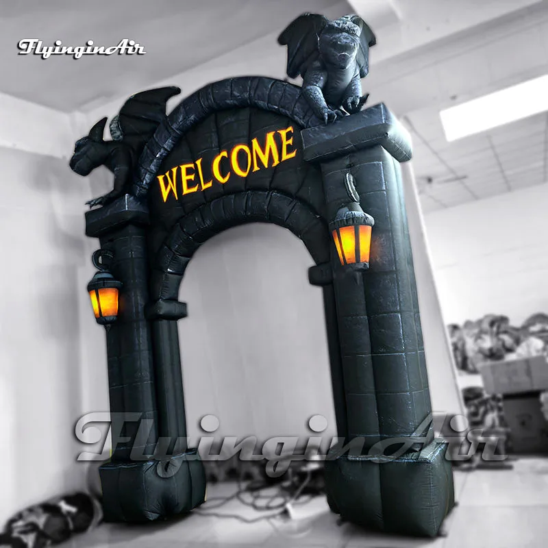 4m Giant Inflatable Gargoyle Castle Arch Spooky Halloween Entrance Hell's Gate With Lanterns For Haunted Party Decoration