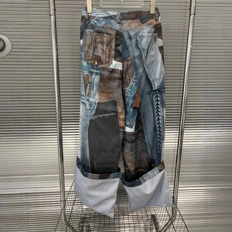 ANJY Autumn New Women American Retro Streetwear Patchwork Printed Jeans Casual Trendy Original Design Straight Denim Pants A7170