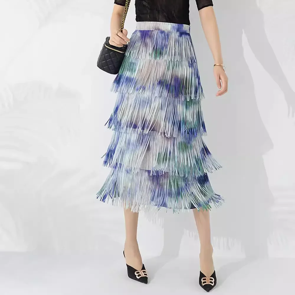 Miyake Pleated Temperament Sweet Retro Print Autumn New Fashion Women's Mid-length Versatile Age-reducing Tassel Skirt