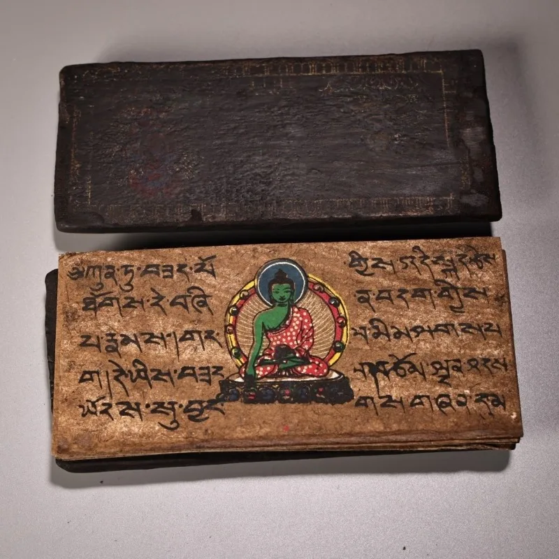 Antique Wooden Cased Buddhist Manuscript Hand Painted Green Tara Buddha Sutra Scroll Book Home Buddha Altar Decorations