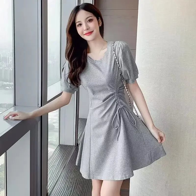 

2025 Women Fashion O-Neck Short Sleeves Solid Mini Dress Elegant Woman Versatile Casual Slim Dress