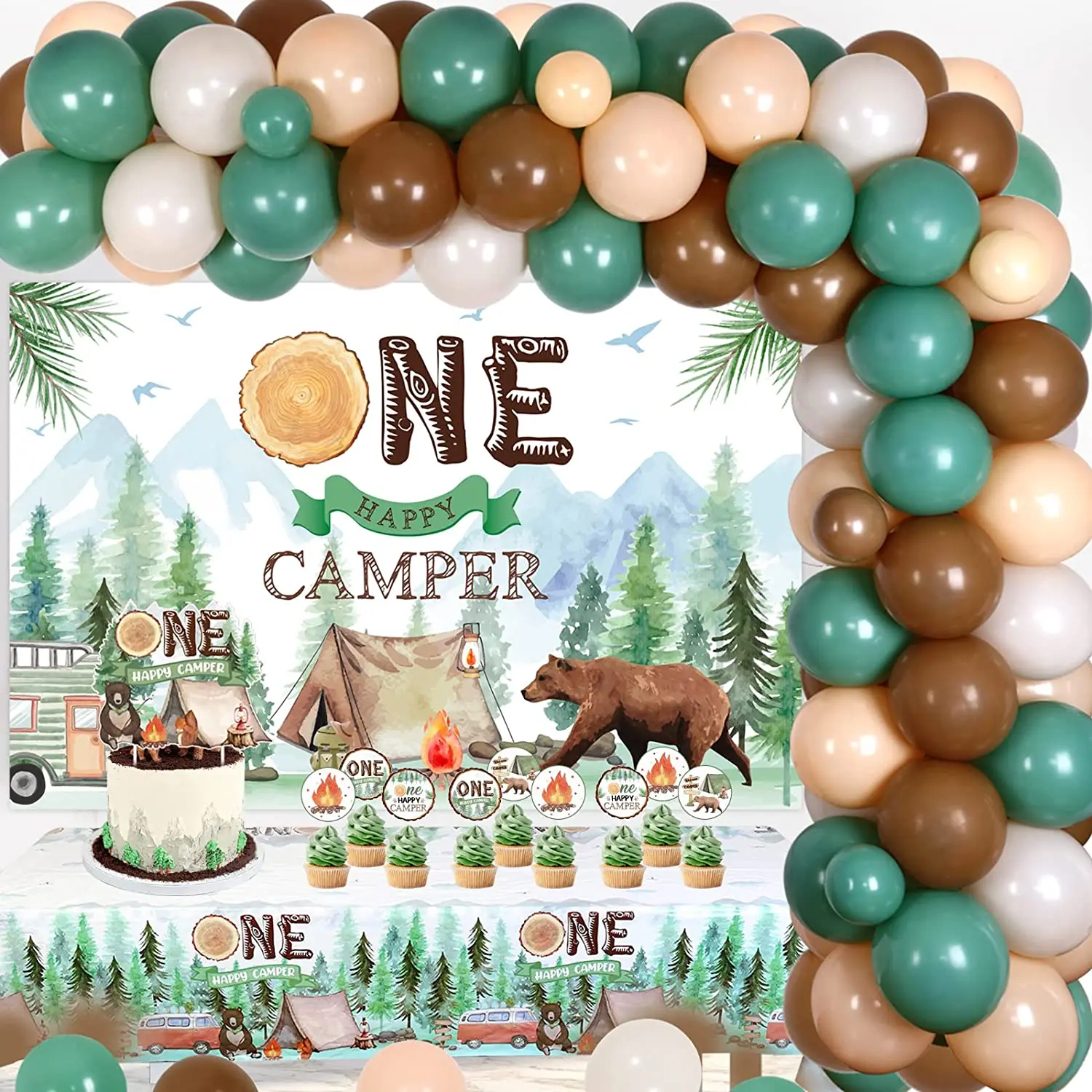 Kreatwow-One 1st Happy Camper Birthday Decorations Set, Camping Backdrop Tablecloth, Safari Jungle Party Supplies, Balloon Arch