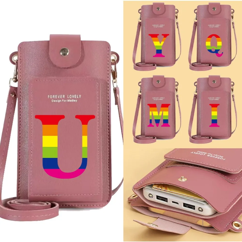

Crossbody Shoulder Strap Portable Women Bags Mobile Phone Bag Rainbow Letter Pattern Card Handbag Lightweight Versatile Wallets
