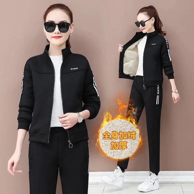 Sweatsuit casual quente para mulheres, pantsuit jogging, treino forrado de lã grossa roupas de inverno conjunto de 2 peças