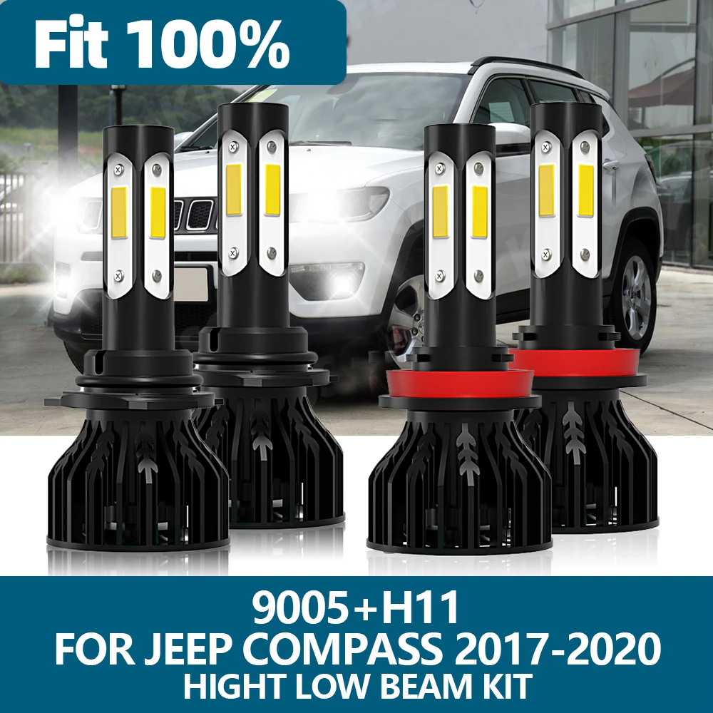 

4Pcs LED Headlight H11 9005 HB3 Car Light 6000K 4 Sides COB Chip High Low Beam Bulb Kit For Jeep Compass 2017 2018 2019 2020