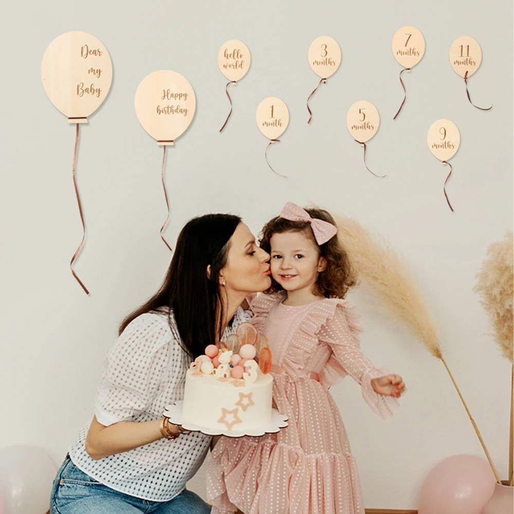 Baby Ballon Milestone Anzahl Monatliche Memorial Monat Karte Neugeborenen Baby Holz Gravierte Alter Fotografie Zubehör Birthing Geschenk – Detail 9