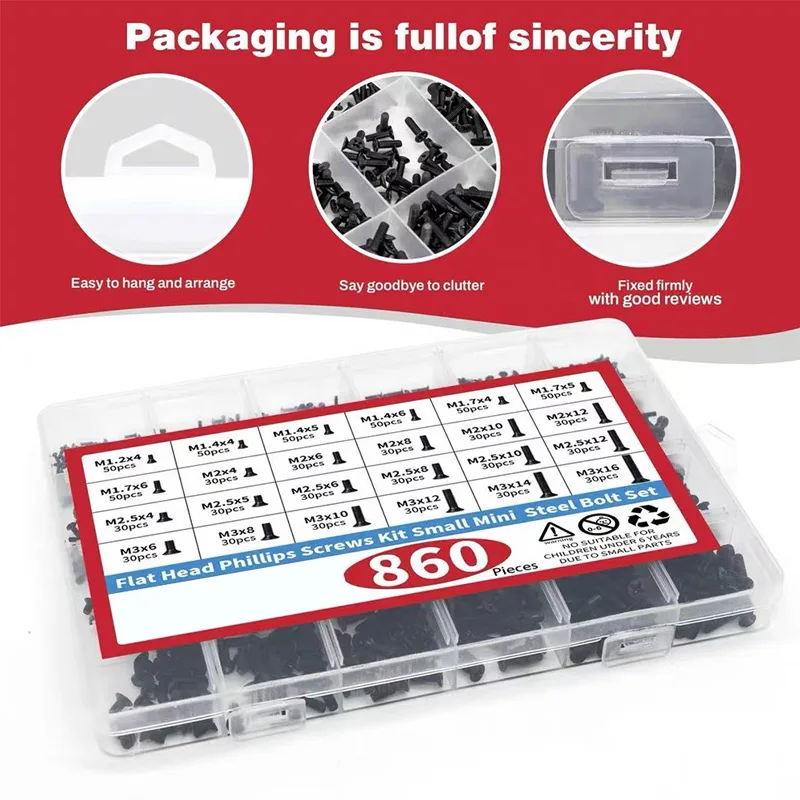 860PCS Screw Assembly Kit Small Computer Black Miniature Eyeglasses Screws M1.2 M1.4 M2 M3