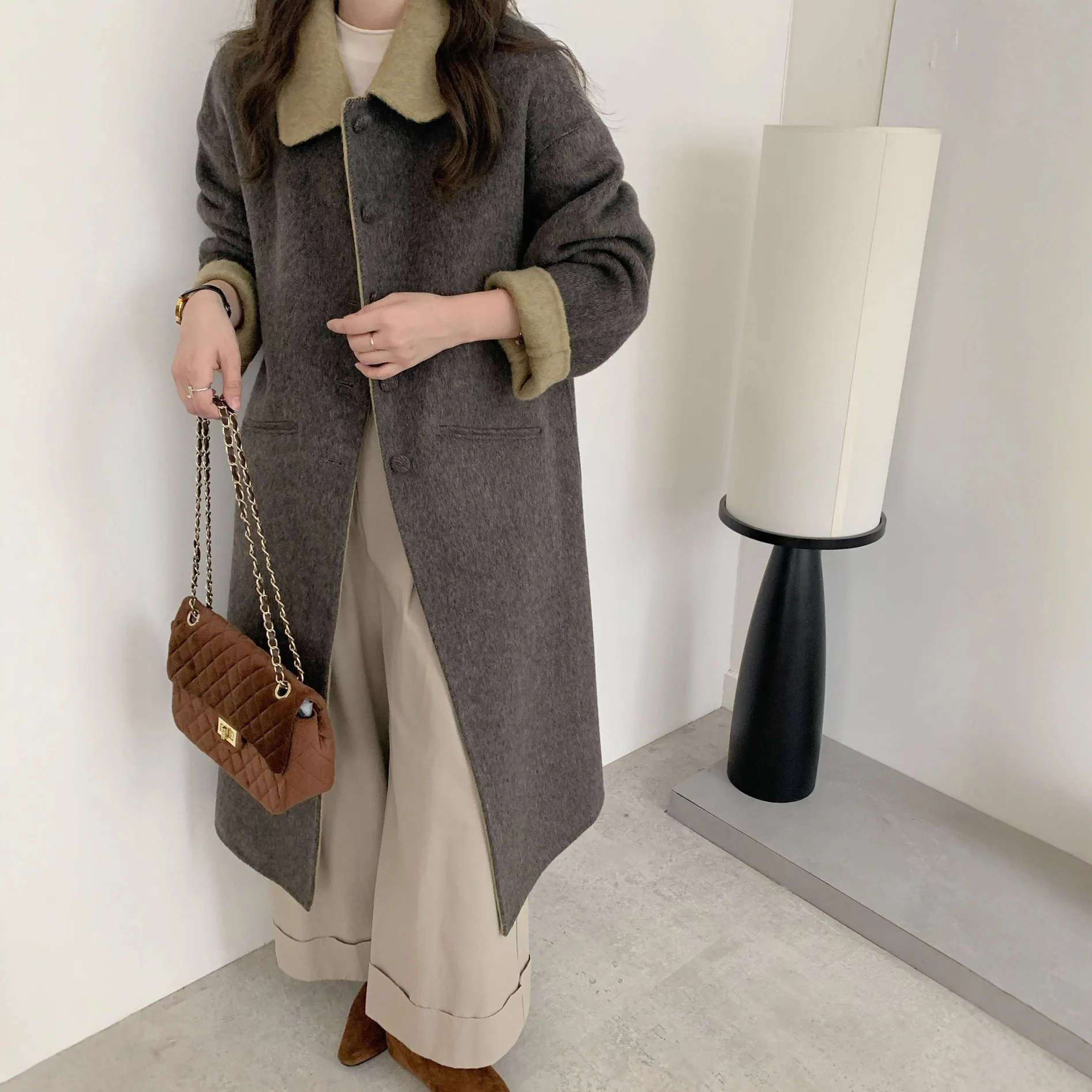 

Thiened Long Woolen Coat Double-sided Doll Collar Color Blo Single-button Autumn Winter Outerwear for Women