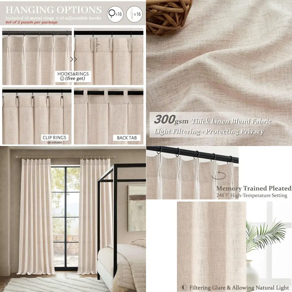 

Льняные полупрозрачные шторы с защипами, 102 дюйма в длину, светопропускающие, песочно-бежевые, Ш40xД102 для больших окон