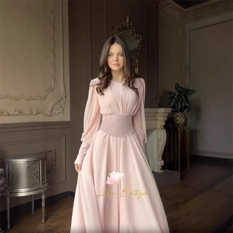 

Saudi Arabia Pink Women Prom Dress With Waistband Elegant Full Sleeves Long Party Gown Formal Evening Birthday Guest Robe
