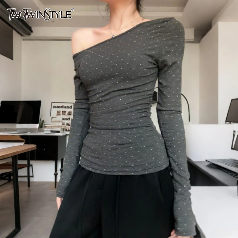 

TWOTWINSTYLE Solid Spliced Dot Printing T Shirt Female Diagonal Collar Long Sleeve Slimming Women's T Shirt Summer Fashion New